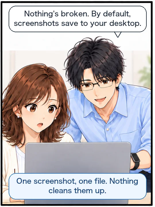Naoki explains that, by default, screenshots save to the desktop