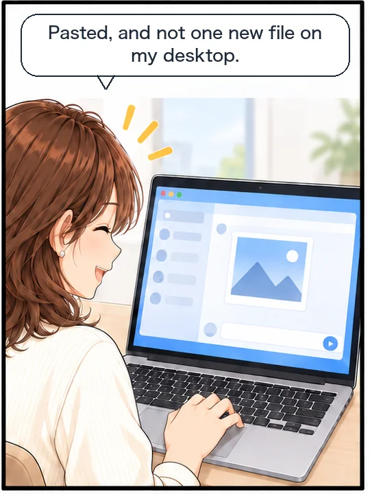 Misaki pastes the screenshot into a chat, and no new file appears on her desktop