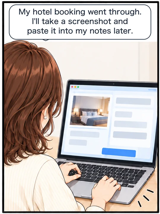 Misaki takes a screenshot of her hotel booking page with the Control key added
