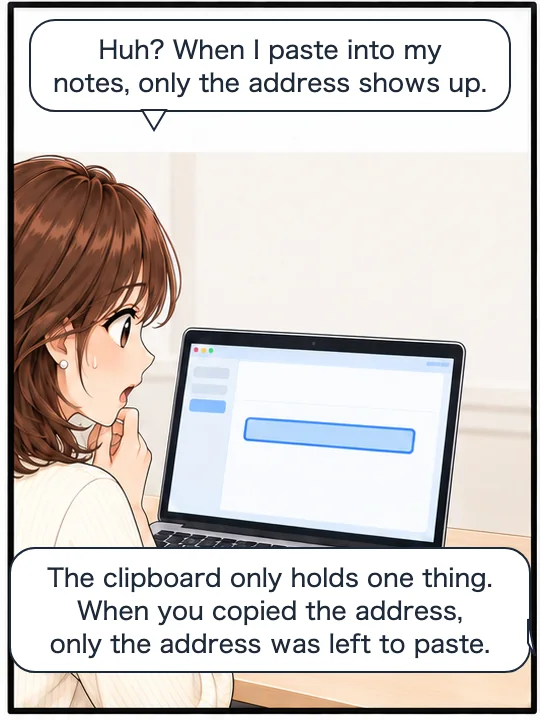 When she pastes into her notes, only the address appears, not the screenshot
