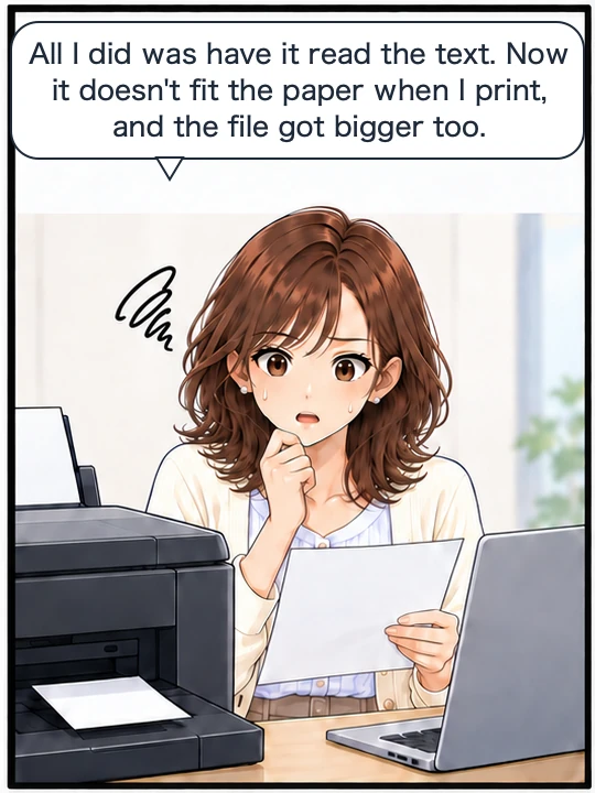 Misaki stands at the printer, stuck because the PDF does not fit the paper