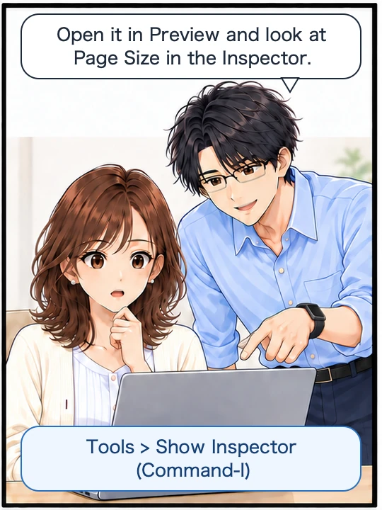 Naoki tells her to check Page Size in the Inspector in Preview