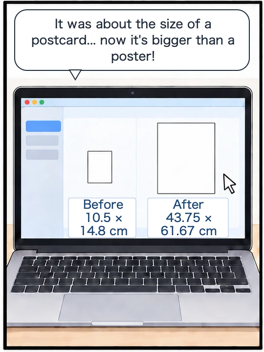 A Mac screen showing the page sizes of a postcard-sized page and a page bigger than a poster side by side