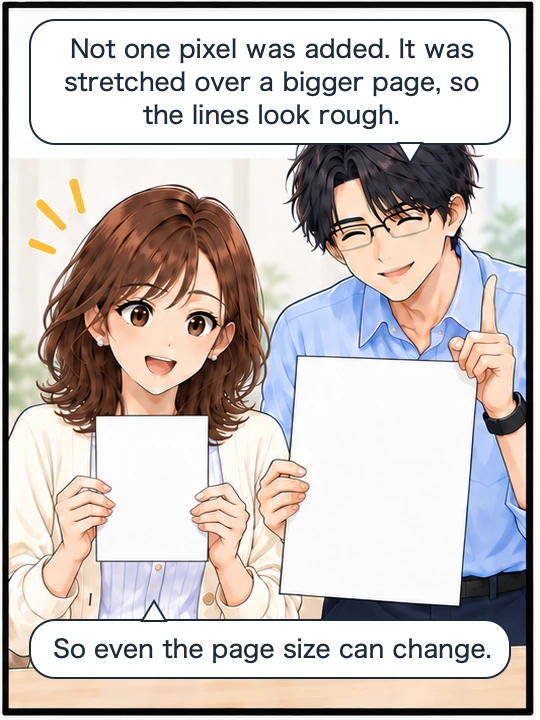 Misaki holds a small sheet and Naoki a large one, as he explains that the same pixels were stretched over a bigger page