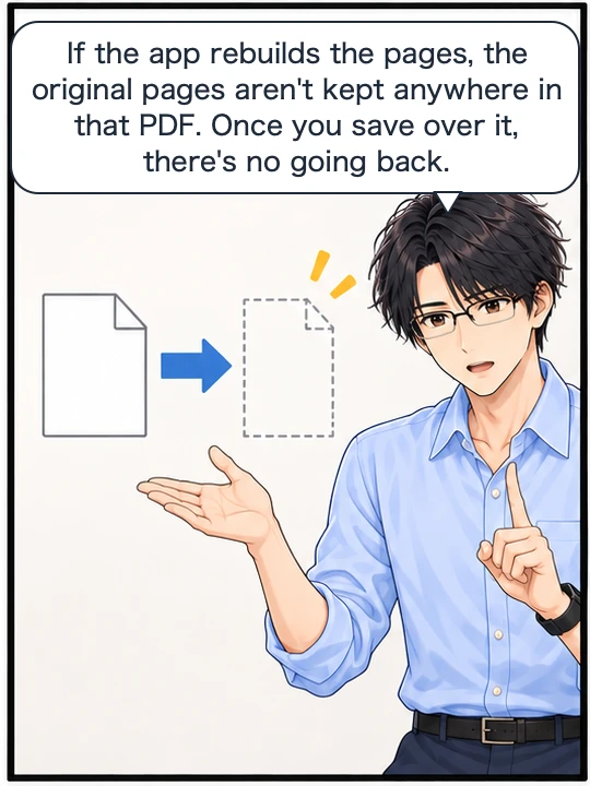 Naoki explains with a diagram that rebuilding the pages leaves the original pages nowhere