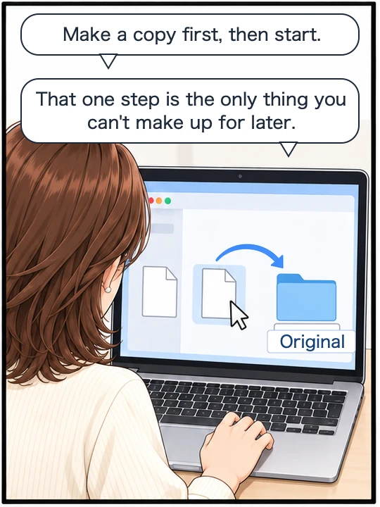 Misaki makes a copy of the PDF and puts it in a folder named Original