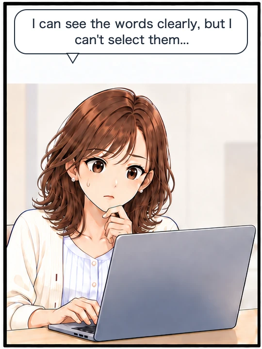 Misaki is stuck because she cannot select the text in a scanned PDF