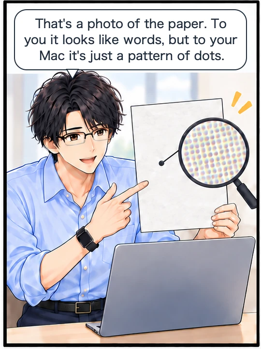 Naoki shows the page under a magnifying glass and explains that it is just a pattern of dots