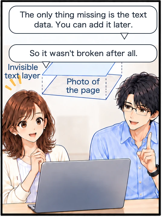 Misaki understands, in front of a diagram of a text layer laid over the photo of the page