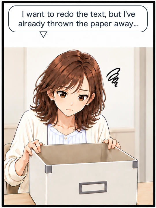 Misaki looks down at an empty document box, upset that she threw away the original paper