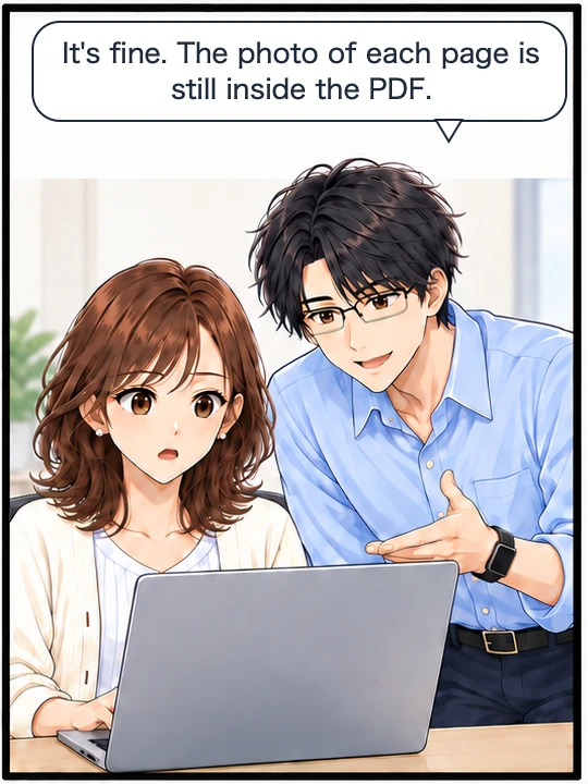 Naoki explains that the photo of each page is still inside the PDF