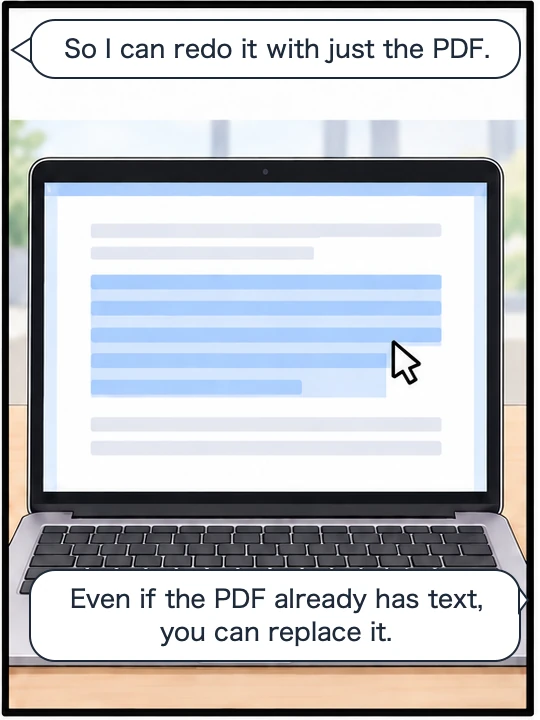 A screen where the lines of body text can now be selected in the PDF with its text put back