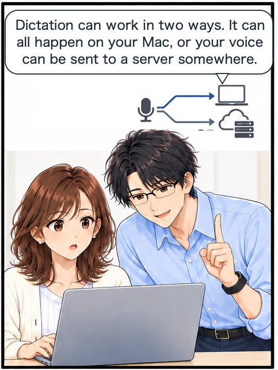 Naoki explains with a diagram that a voice can stay on the Mac or be sent to a server
