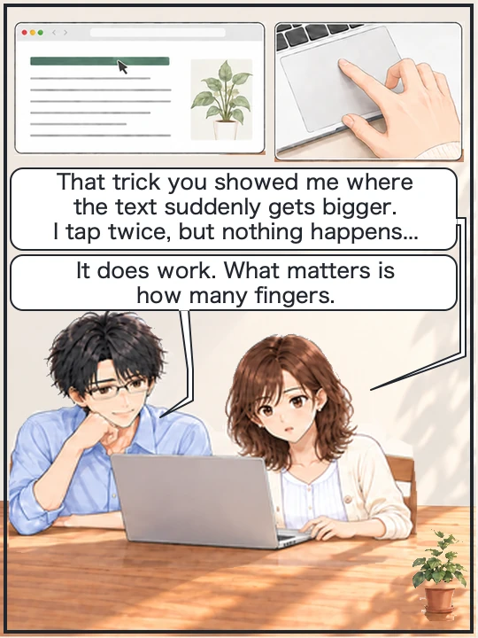 Misaki tapped the trackpad twice with one finger, but the web page text is still small and she looks puzzled