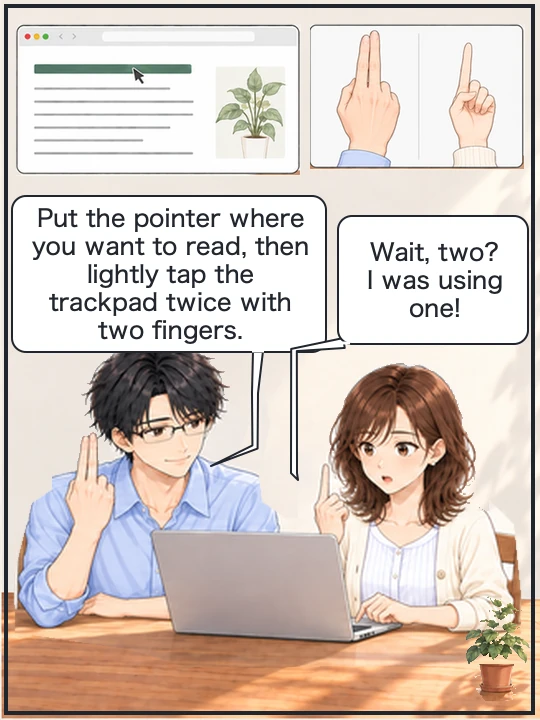 Naoki holds up two fingers together, and Misaki, who was using one finger, realizes her mistake
