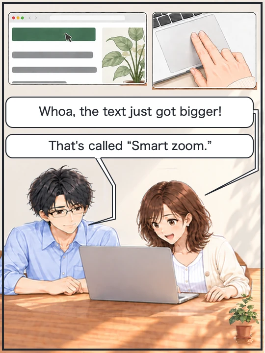 Misaki lightly taps twice with two fingers, the same web page text gets bigger, and Naoki tells her it is Smart zoom