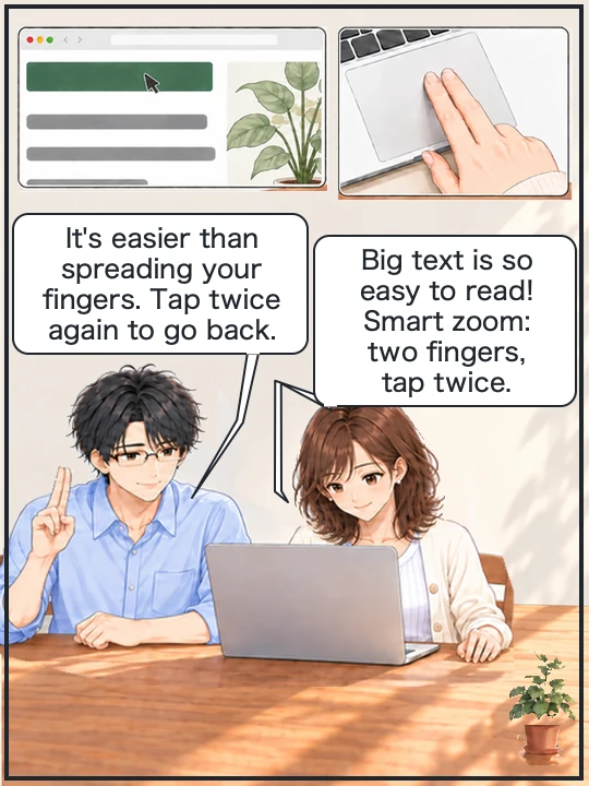 Misaki reads the enlarged text with ease, and Naoki tells her that tapping twice again takes it back to normal