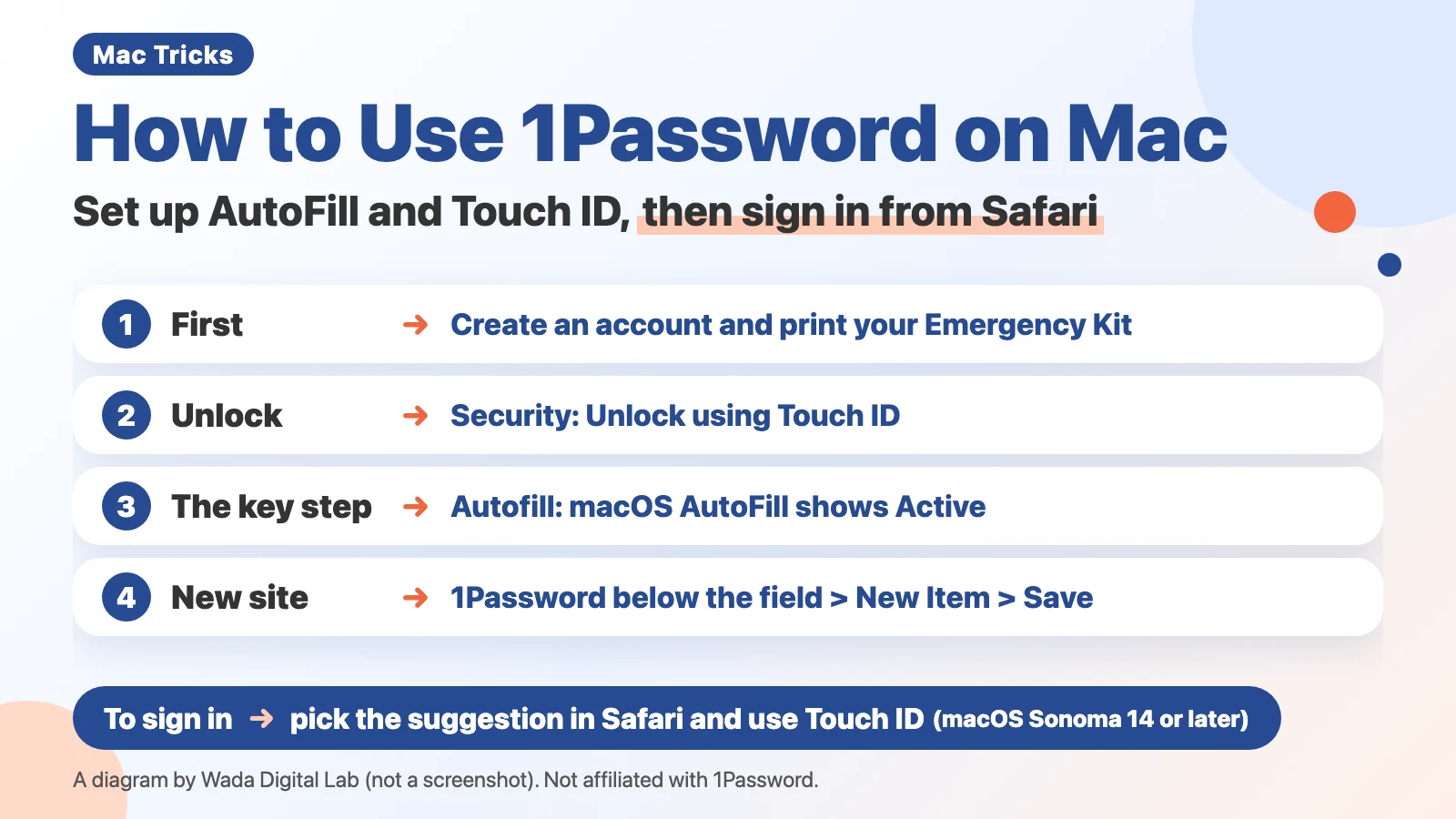 Diagram (not a screenshot) titled How to Use 1Password on Mac, Set up AutoFill and Touch ID, then sign in from Safari. 1: First, Create an account and print your Emergency Kit. 2: Unlock, Security: Unlock using Touch ID. 3: The key step, Autofill: macOS AutoFill shows Active. 4: New site, 1Password below the field > New Item > Save. At the bottom: To sign in, pick the suggestion in Safari and use Touch ID (macOS Sonoma 14 or later).