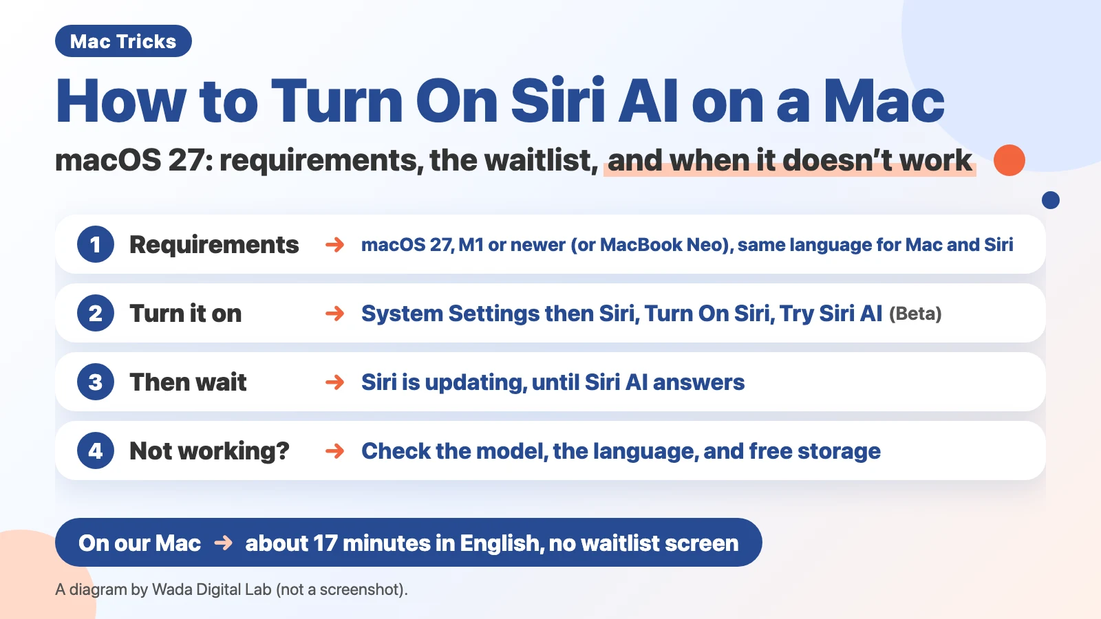 Diagram (not a screenshot) titled How to Turn On Siri AI on a Mac, macOS 27: requirements, the waitlist, and when it doesn’t work. 1: Requirements, macOS 27, M1 or newer (or MacBook Neo), same language for Mac and Siri. 2: Turn it on, System Settings then Siri, Turn On Siri, Try Siri AI (Beta). 3: Then wait, Siri is updating, until Siri AI answers. 4: Not working?, Check the model, the language, and free storage. At the bottom: On our Mac, about 17 minutes in English, no waitlist screen.