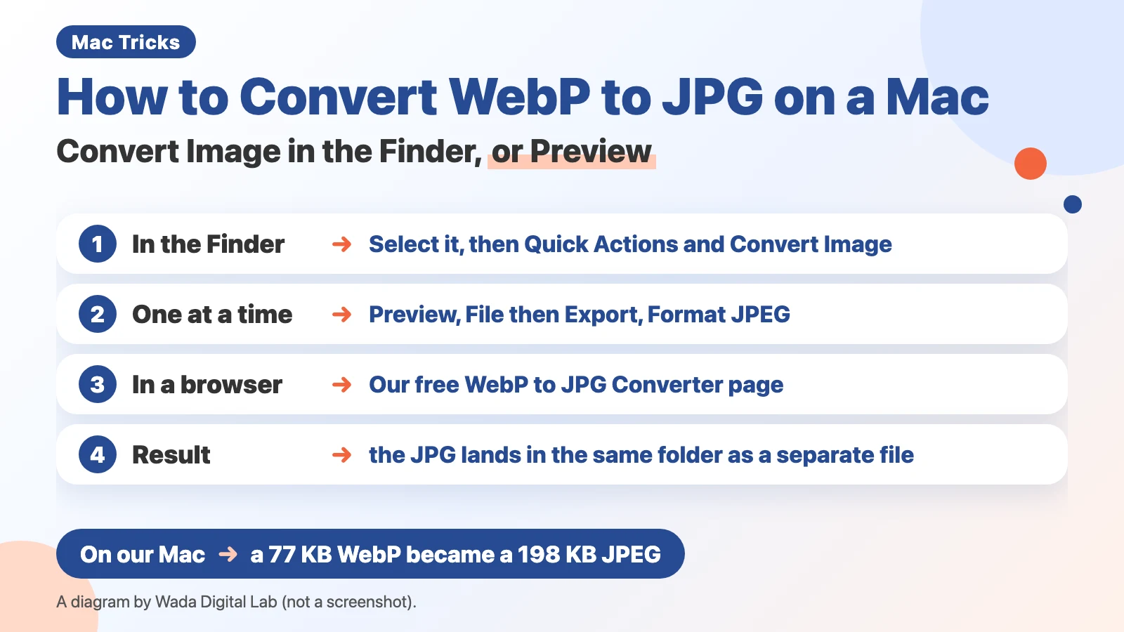 Diagram (not a screenshot) titled How to Convert WebP to JPG on a Mac, Convert Image in the Finder, or Preview. 1: In the Finder, Select it, then Quick Actions and Convert Image. 2: One at a time, Preview, File then Export, Format JPEG. 3: In a browser, Our free WebP to JPG Converter page. 4: Result, the JPG lands in the same folder as a separate file. At the bottom: On our Mac, a 77 KB WebP became a 198 KB JPEG.