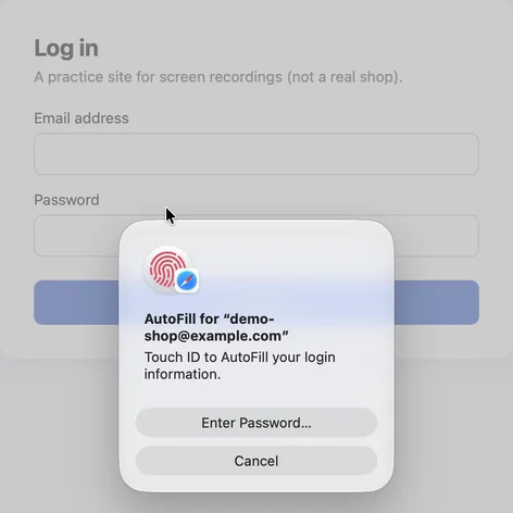 A Touch ID prompt over the log in page. Below a fingerprint icon it says AutoFill for demo-shop@example.com, Touch ID to AutoFill your login information, with Enter Password and Cancel buttons