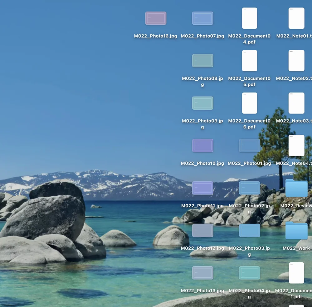 A desktop before using Stacks: photo, PDF and note files and a folder each shown as a separate icon
