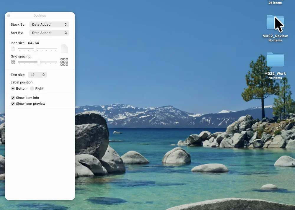 The view options window for the desktop, with Show item info selected near the bottom and No items shown under the folders on the desktop