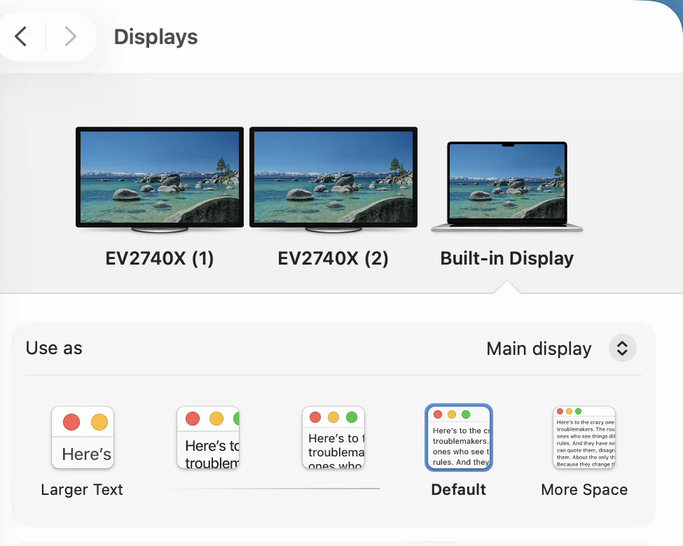 Displays in System Settings. Two external displays and the Built-in Display are shown, and with the Built-in Display selected, Use as is set to Main display