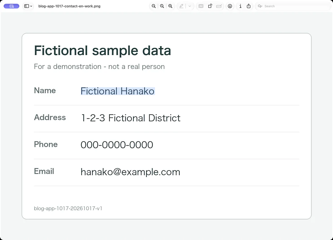 An image of fictional sample data open in Preview. The name Fictional Hanako is highlighted in blue as selected text, while the address, phone number and email below it are not