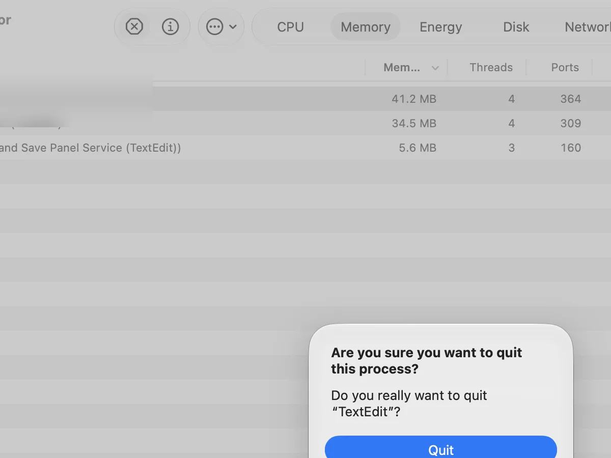 Activity Monitor with TextEdit selected and the Stop button clicked. A dialog asks: Are you sure you want to quit this process? Do you really want to quit “TextEdit”? Below, the blue Quit button is visible; Force Quit and Cancel are cut off at the bottom edge of the picture