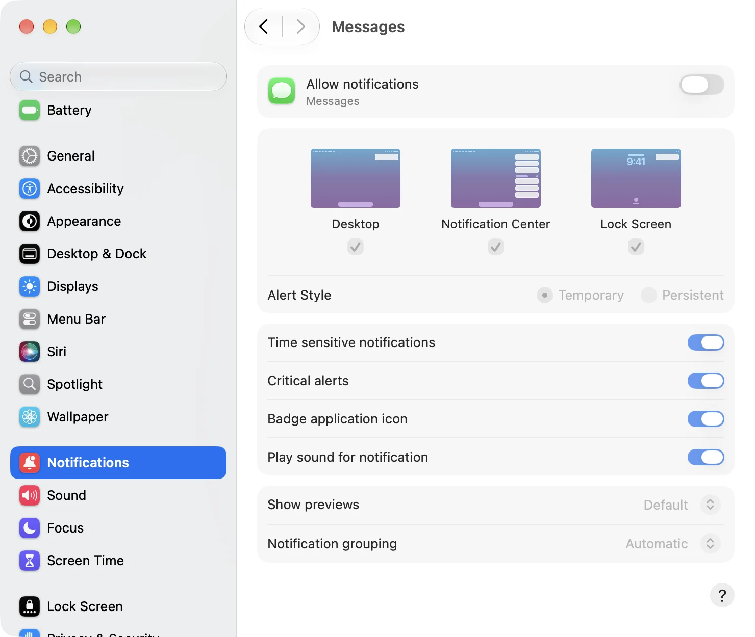 System Settings with Notifications selected in the sidebar and the Messages page open. At the top, an Allow notifications switch, turned off. Below it, Desktop, Notification Center, and Lock Screen, Alert Style (Temporary, Persistent), switches for Time sensitive notifications, Critical alerts, Badge application icon, and Play sound for notification, then Show previews and Notification grouping. Alert Style, Show previews, and Notification grouping are dimmed; the four switches are still blue