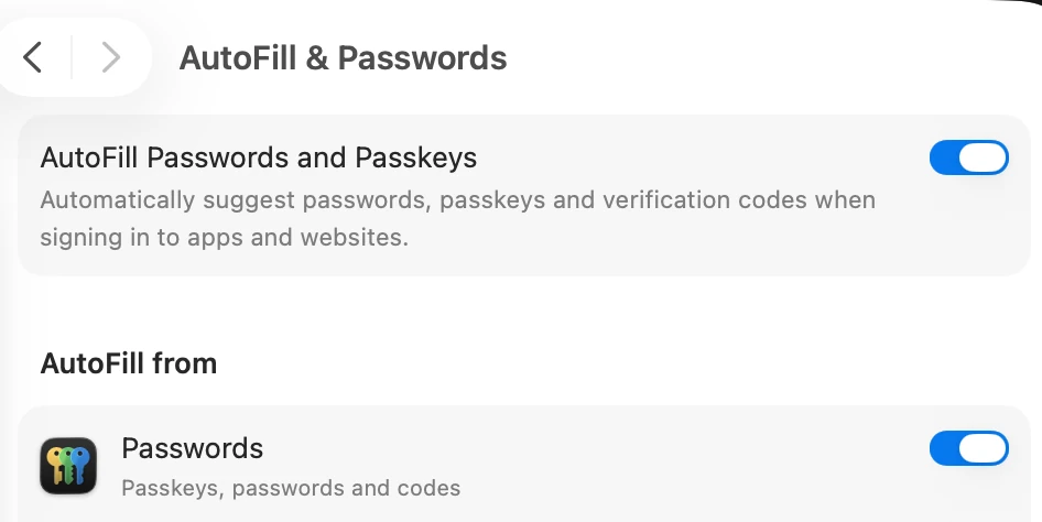 The AutoFill & Passwords screen. AutoFill Passwords and Passkeys is on, and Passwords under AutoFill from is also on