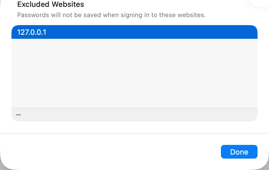 The Excluded Websites list. 127.0.0.1 is selected, and there is a minus button at the bottom left of the list