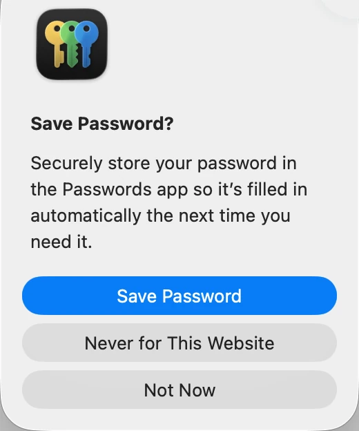The Save Password? dialog with three buttons: Save Password, Never for This Website and Not Now