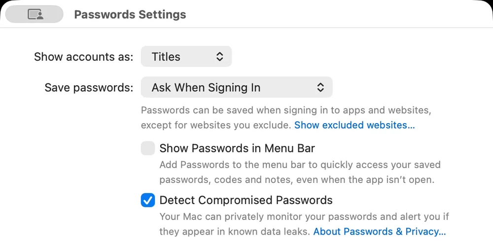 The Passwords Settings window. Save passwords is set to Ask When Signing In, and the text below it ends with the blue link Show excluded websites