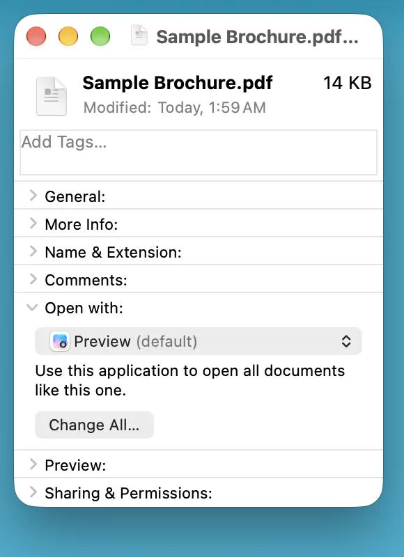 The Open with section of the Get Info window. The menu shows Preview (default). Below it, the text Use this application to open all documents like this one, and a Change All… button