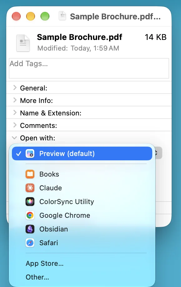 The Get Info window for Sample Brochure.pdf with the Open with menu open. Preview (default) is checked at the top, followed by Books, Claude, ColorSync Utility, Google Chrome, Obsidian, Safari, then App Store… and Other…