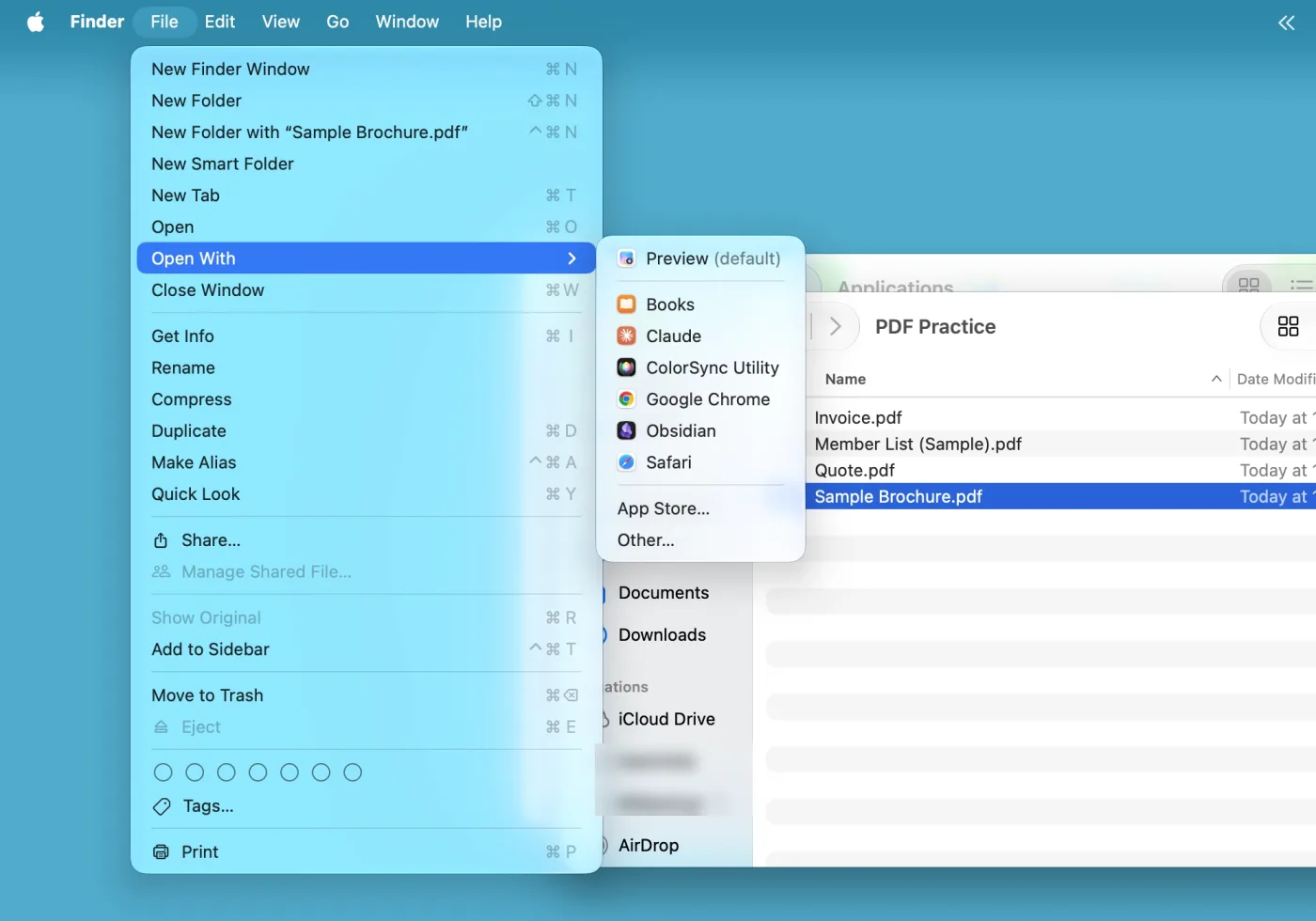 Sample Brochure.pdf is selected in a Finder window, and the File menu is open with Open With highlighted. Its submenu lists Preview (default), then Books, Claude, ColorSync Utility, Google Chrome, Obsidian, Safari, and at the bottom App Store… and Other…