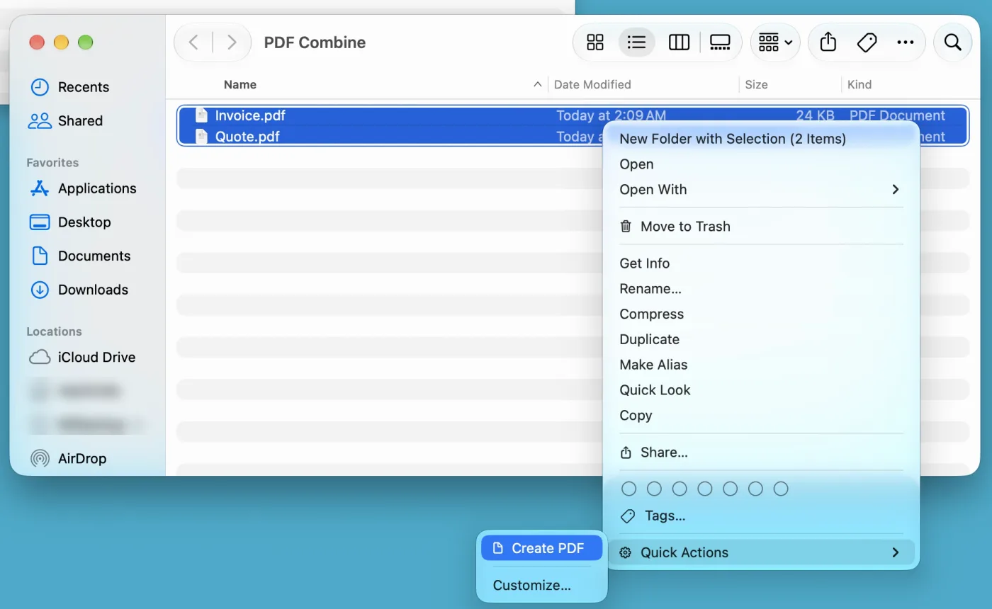 A Finder window showing a folder named PDF Combine in list view. Invoice.pdf and Quote.pdf are selected and Control-clicked. At the bottom of the menu that appeared, Quick Actions is open, and in its submenu Create PDF is highlighted in blue above Customize…
