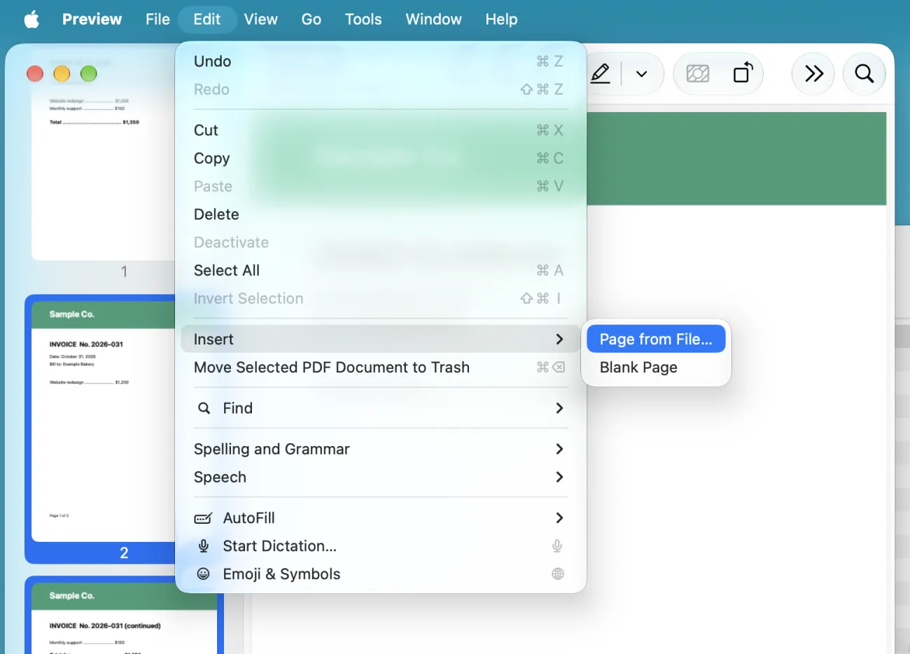 The Edit menu of Preview is open. Below Undo, Cut, Copy, Delete, and Select All is the item Insert, with a submenu showing Page from File… and Blank Page. Page from File… is highlighted in blue