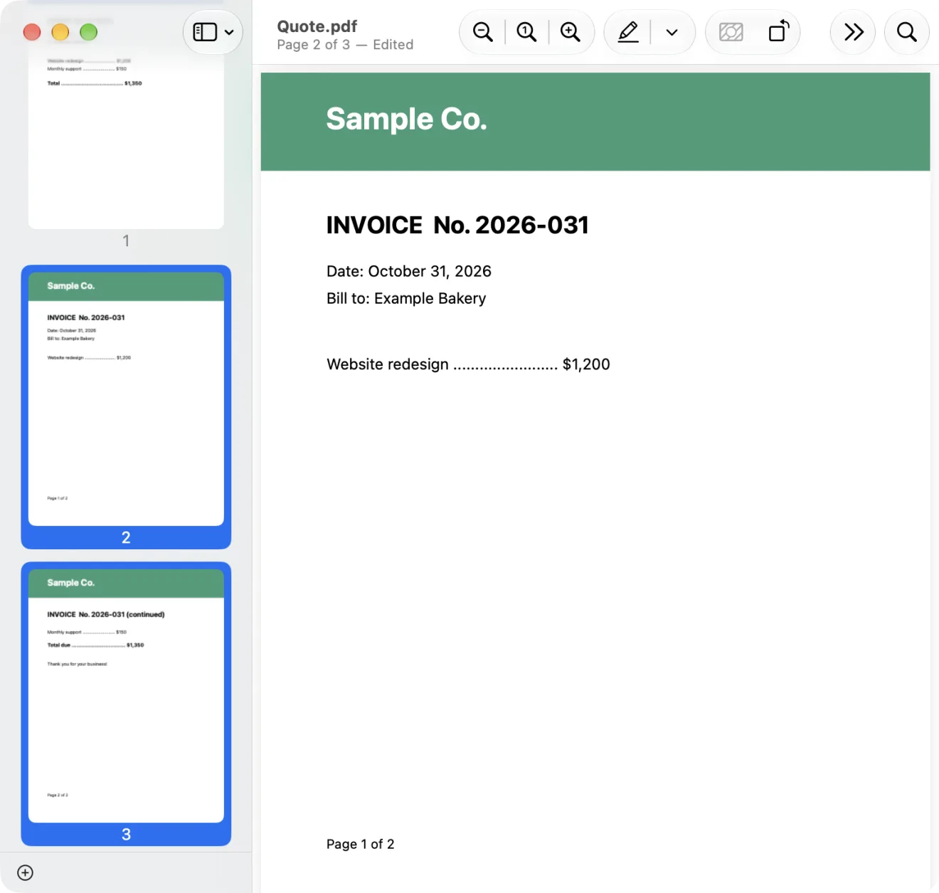 Preview showing Quote.pdf. The sidebar on the left has thumbnails numbered 1, 2, and 3, and pages 2 and 3 are outlined in blue. The large page on the right is an invoice from a made-up company, Sample Co., billed to Example Bakery. Under the file name it says Page 2 of 3 — Edited