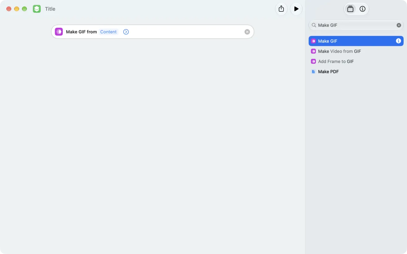 The Shortcuts app with a new shortcut. In the search field on the right, Make GIF is typed, and the results list Make GIF, Make Video from GIF, Add Frame to GIF, and Make PDF. On the left, the shortcut contains one action: Make GIF from Content