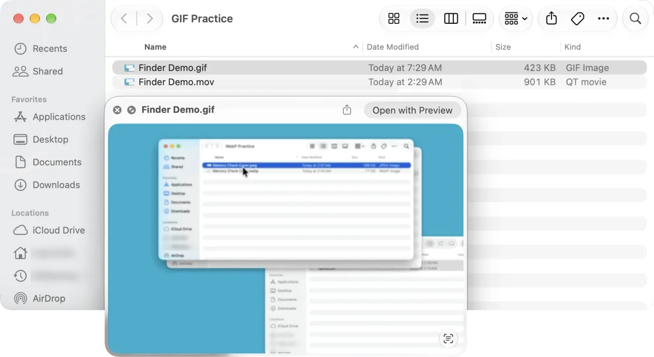 A Finder window named GIF Practice listing Finder Demo.gif (423 KB, GIF Image) and Finder Demo.mov (901 KB, QT movie). Quick Look is open on the GIF and shows a recording of a Finder window