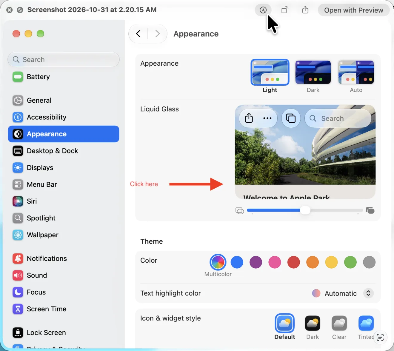 Quick Look showing the annotated screenshot. In the row at the top are the round Markup button, with the pointer on it, a rotate button, a share button, and an Open with Preview button