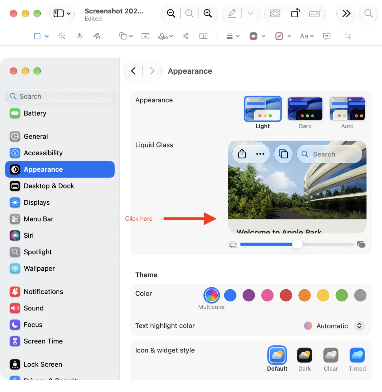 The same screenshot of the Appearance settings in Preview, now with a red arrow pointing at the Liquid Glass preview and a red label that says Click here. The Markup toolbar is visible at the top, and the title bar says Edited