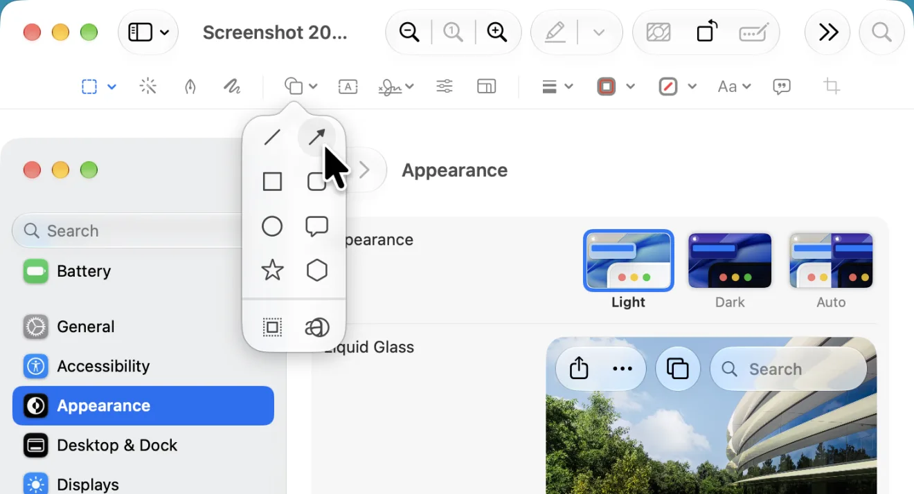 Preview showing a screenshot of the Appearance settings, with the Markup toolbar open. The Shapes menu is open and shows a line, an arrow, a square, a rounded square, a circle, a speech bubble, a star, a polygon, and below them a highlight frame and a loupe. The pointer is on the arrow