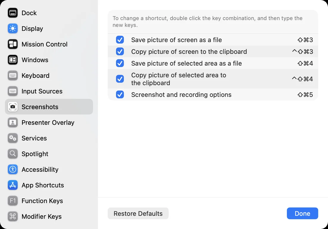 Keyboard Shortcuts with Screenshots selected in the sidebar. Five shortcuts are listed, all checked: Save picture of screen as a file, Copy picture of screen to the clipboard, Save picture of selected area as a file, Copy picture of selected area to the clipboard, and Screenshot and recording options