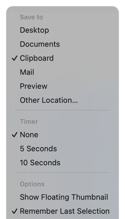 The Options menu. Under Save to, Clipboard has a checkmark. Further down is Show Floating Thumbnail