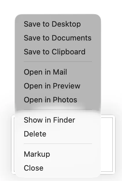 The menu that appears over the small image in the corner. It lists Save to Desktop, Save to Documents, Save to Clipboard and other choices