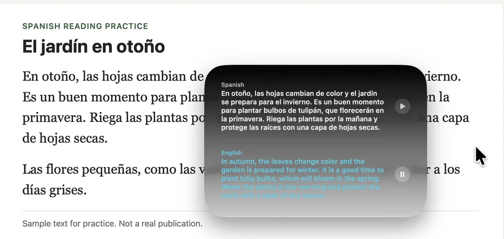 Siri’s translation card over the Spanish page. The top half is labeled Spanish with the original paragraph. The bottom half is labeled English with the translation, starting In autumn, the leaves change color and the garden is prepared for winter.